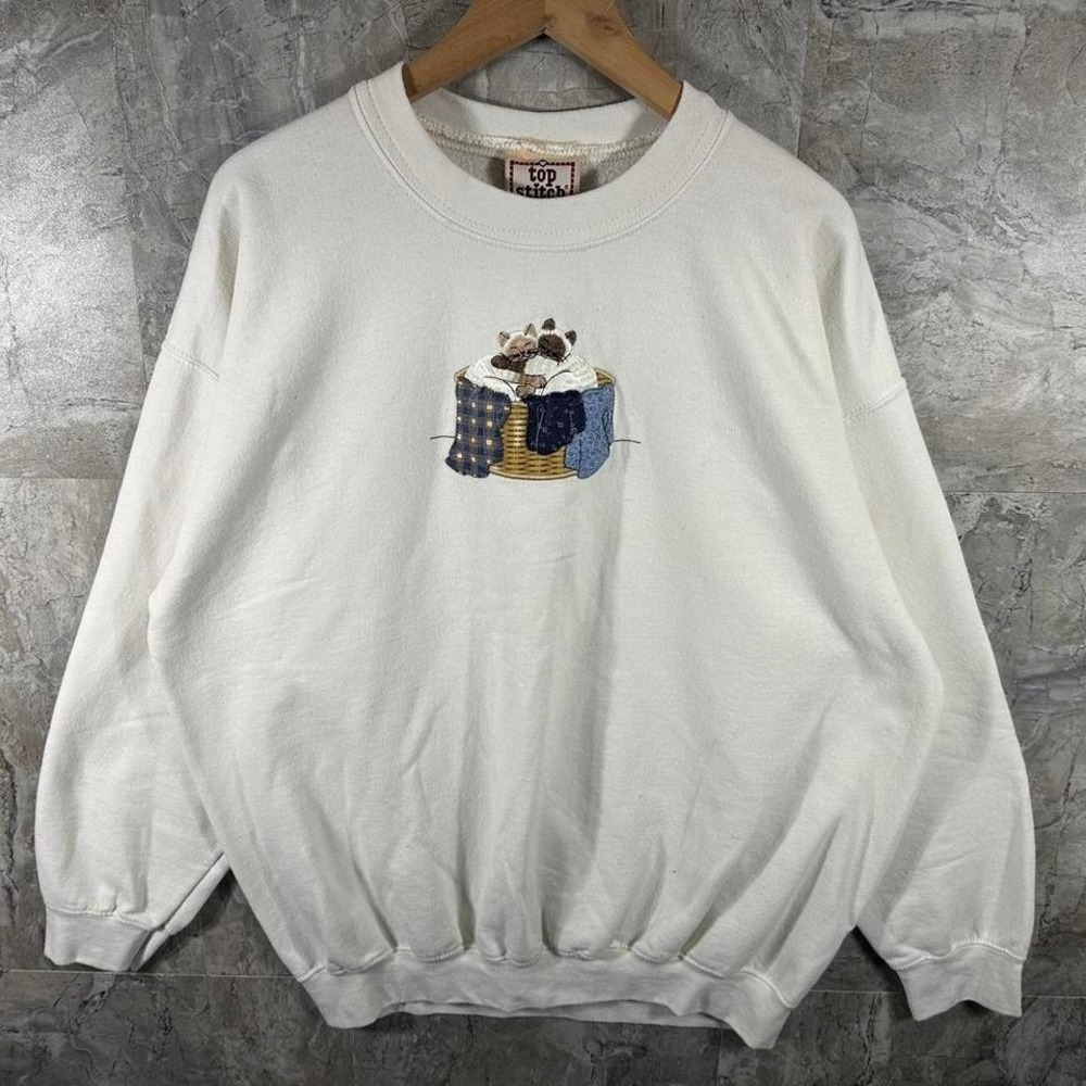 Vintage 90s top stitch white crewneck sweatshirt embroidered cute cats Size: XL